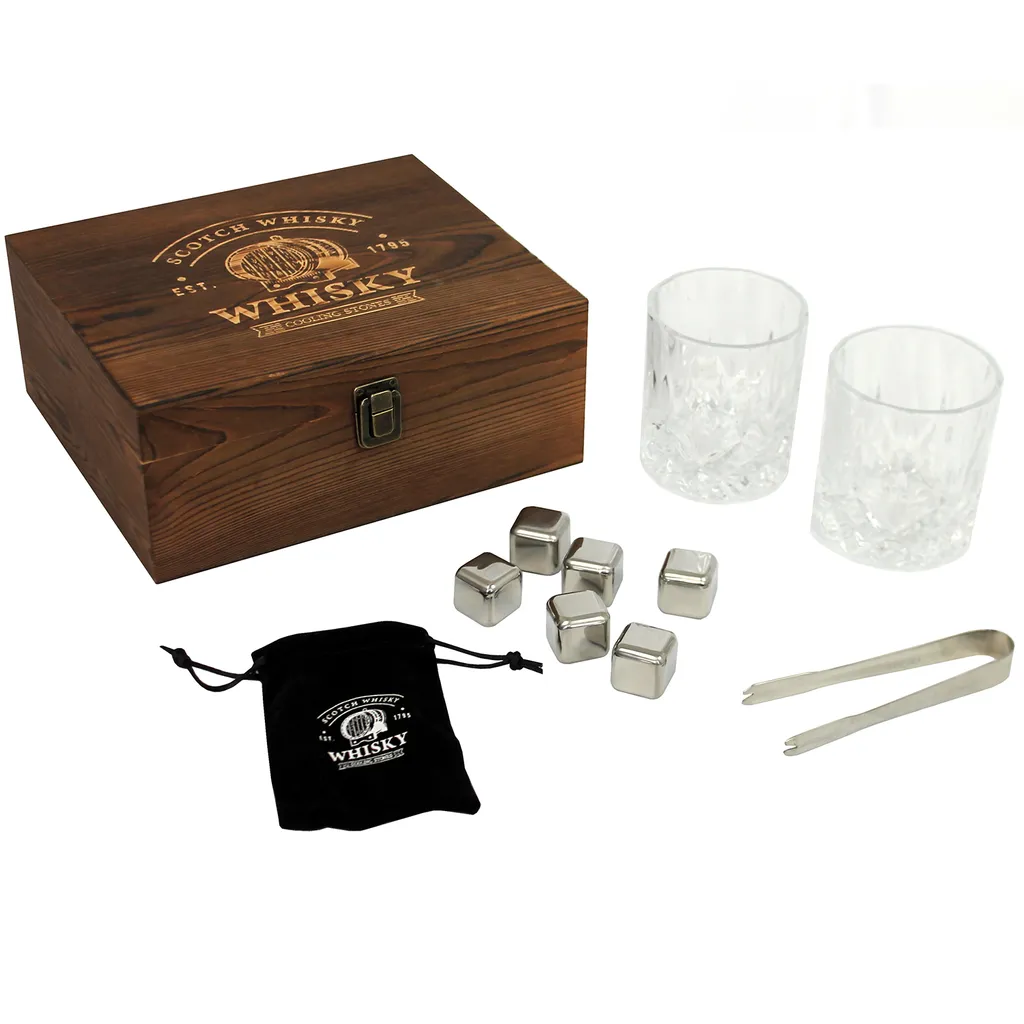 Whisky Geschenk-Set Mit 2 Gläsern, Eiswürfeln Aus Edelstahl, Zange, Samtbeutel In Einer Schönen Holzbox 5 Whisky Geschenk-Set Mit 2 Gläsern, Eiswürfeln Aus Edelstahl, Zange, Samtbeutel In Einer Schönen Holzbox - Image 3