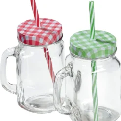 2 Gläser Mit Deckel, Griff Und Strohhalm, Trinkhalm Einmachgläser