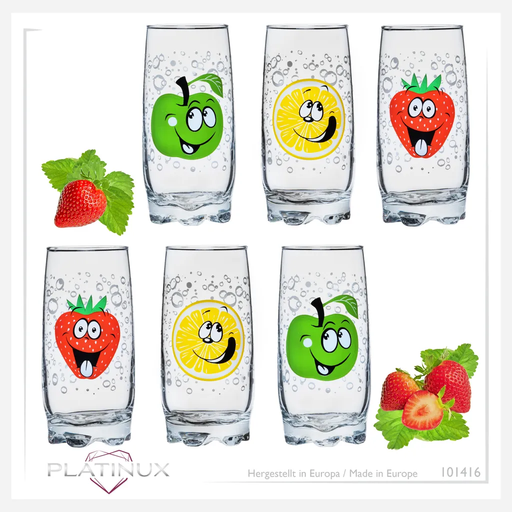 Trinkgläser Mit Lustigen Fruchtgesichtern 350ml (max. 400ml) Set 6 Teilig Aus Glas Bunt 8 Trinkgläser Mit Lustigen Fruchtgesichtern 350ml (max. 400ml) Set 6 Teilig Aus Glas Bunt - Image 6